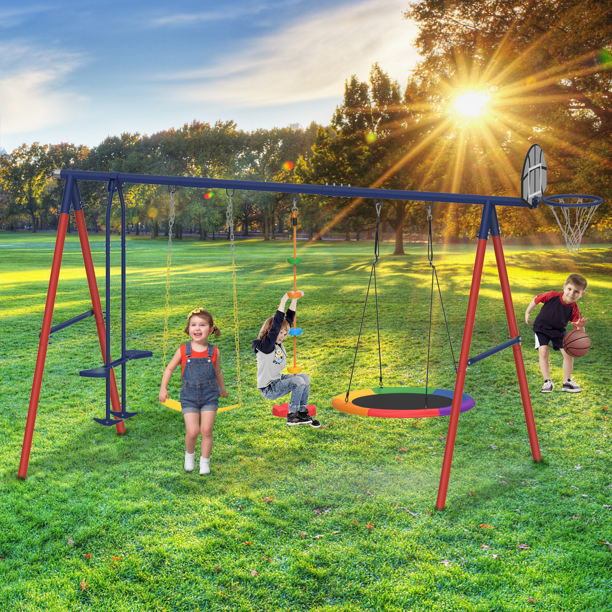5 in 1 Lifetime Swing Set for Backyard. Heavy Duty Kids Playground with Saucer Swing. Belt Swing. Seesaw. Basketball Hoop &  Rope Swing. Outdoor Playset Holds Up to 440 lbs