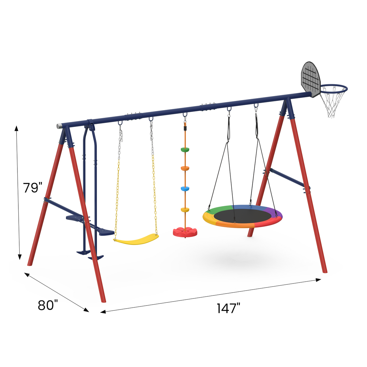 5 in 1 Lifetime Swing Set for Backyard. Heavy Duty Kids Playground with Saucer Swing. Belt Swing. Seesaw. Basketball Hoop &  Rope Swing. Outdoor Playset Holds Up to 440 lbs