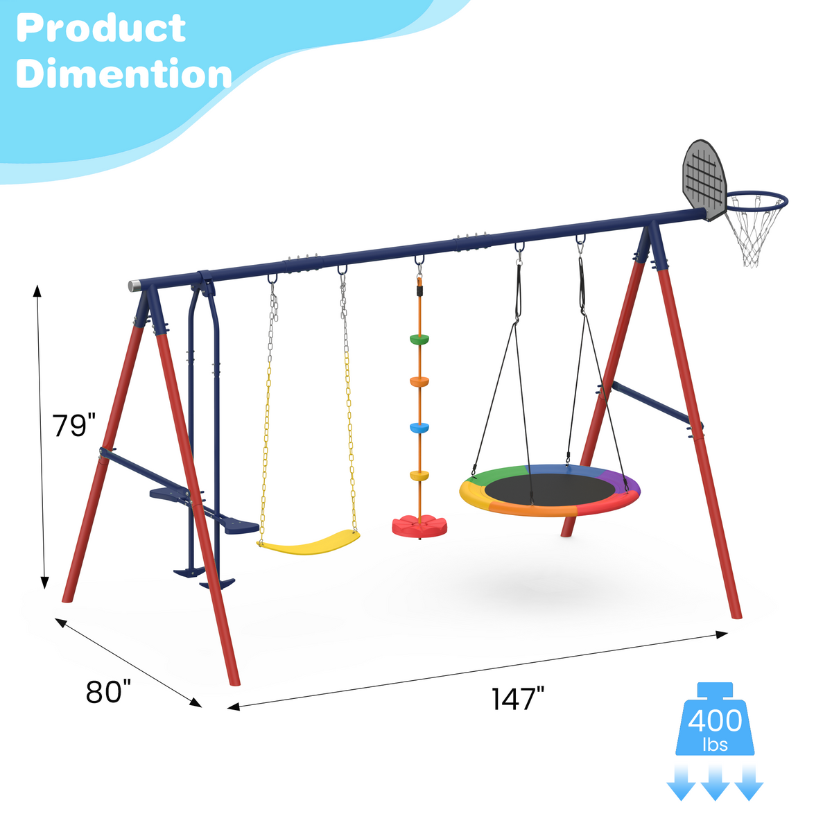 5 in 1 Lifetime Swing Set for Backyard. Heavy Duty Kids Playground with Saucer Swing. Belt Swing. Seesaw. Basketball Hoop &  Rope Swing. Outdoor Playset Holds Up to 440 lbs