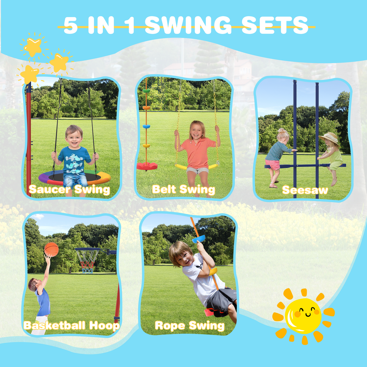 5 in 1 Lifetime Swing Set for Backyard. Heavy Duty Kids Playground with Saucer Swing. Belt Swing. Seesaw. Basketball Hoop &  Rope Swing. Outdoor Playset Holds Up to 440 lbs