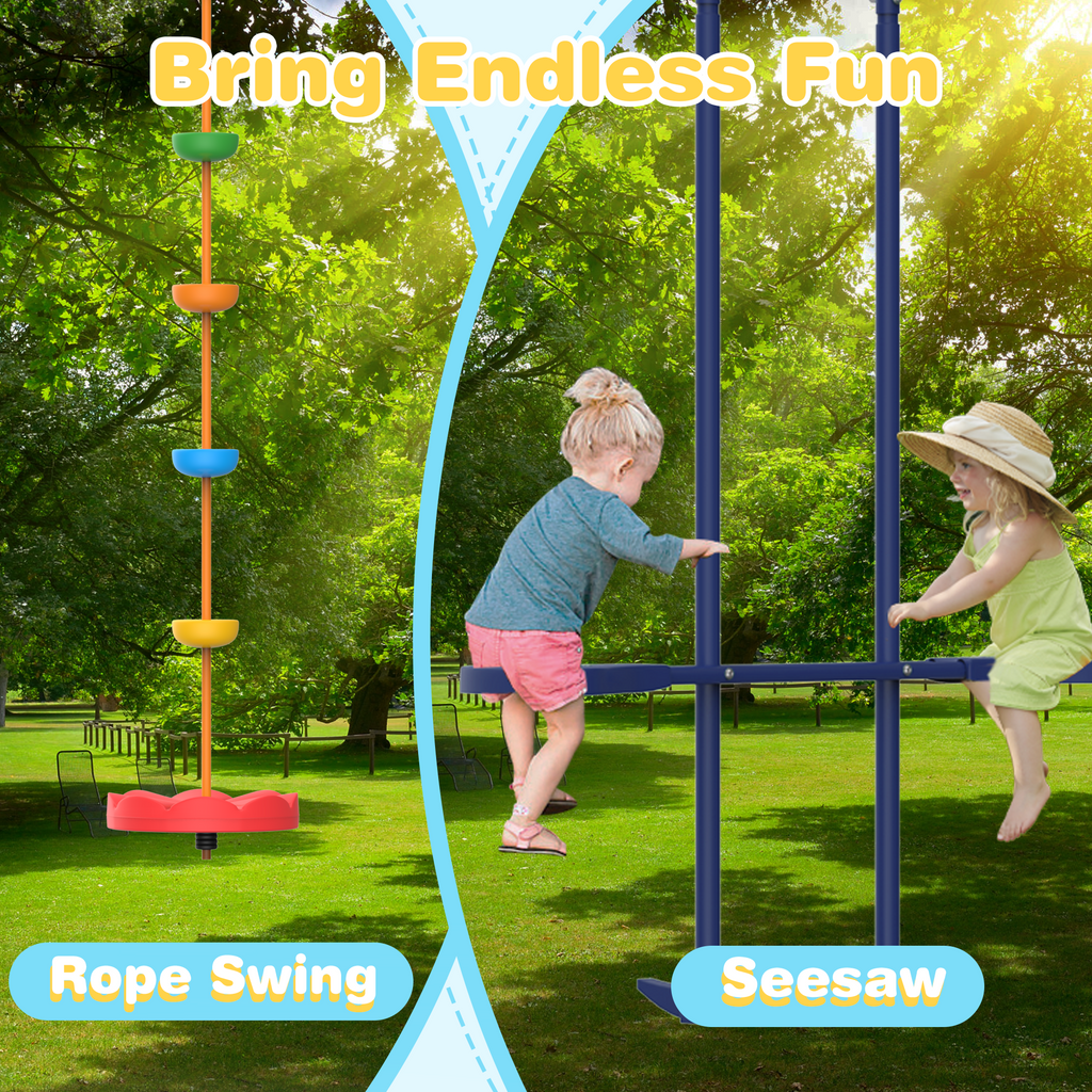 5 in 1 Lifetime Swing Set for Backyard. Heavy Duty Kids Playground with Saucer Swing. Belt Swing. Seesaw. Basketball Hoop &  Rope Swing. Outdoor Playset Holds Up to 440 lbs