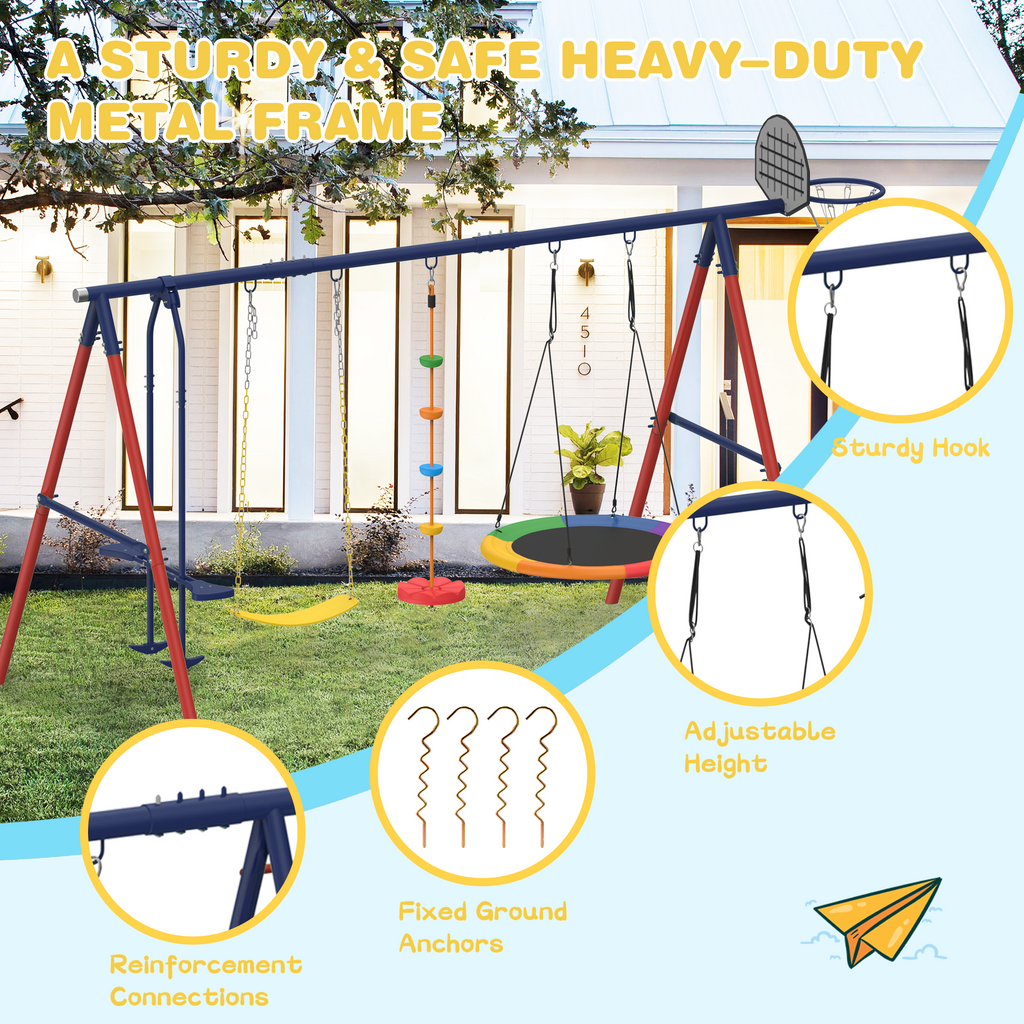 5 in 1 Lifetime Swing Set for Backyard. Heavy Duty Kids Playground with Saucer Swing. Belt Swing. Seesaw. Basketball Hoop &  Rope Swing. Outdoor Playset Holds Up to 440 lbs