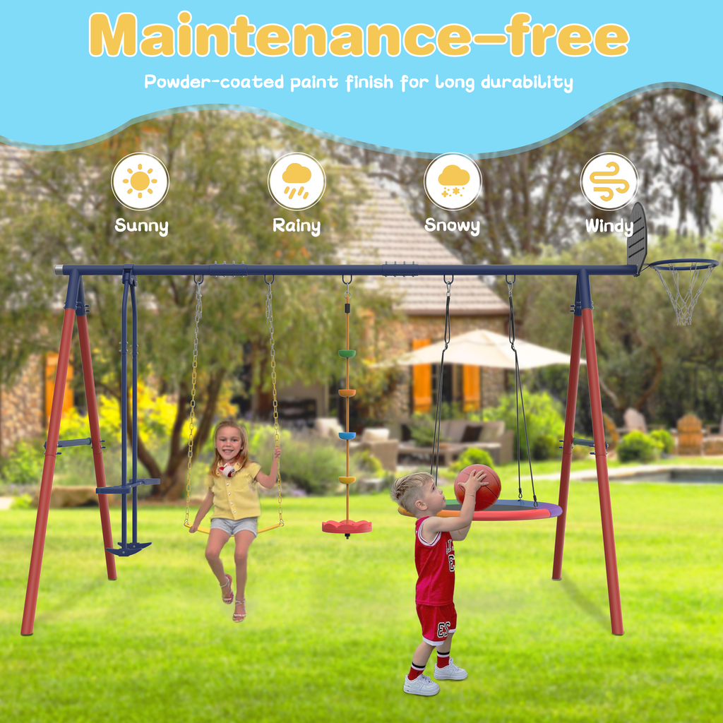 5 in 1 Lifetime Swing Set for Backyard. Heavy Duty Kids Playground with Saucer Swing. Belt Swing. Seesaw. Basketball Hoop &  Rope Swing. Outdoor Playset Holds Up to 440 lbs