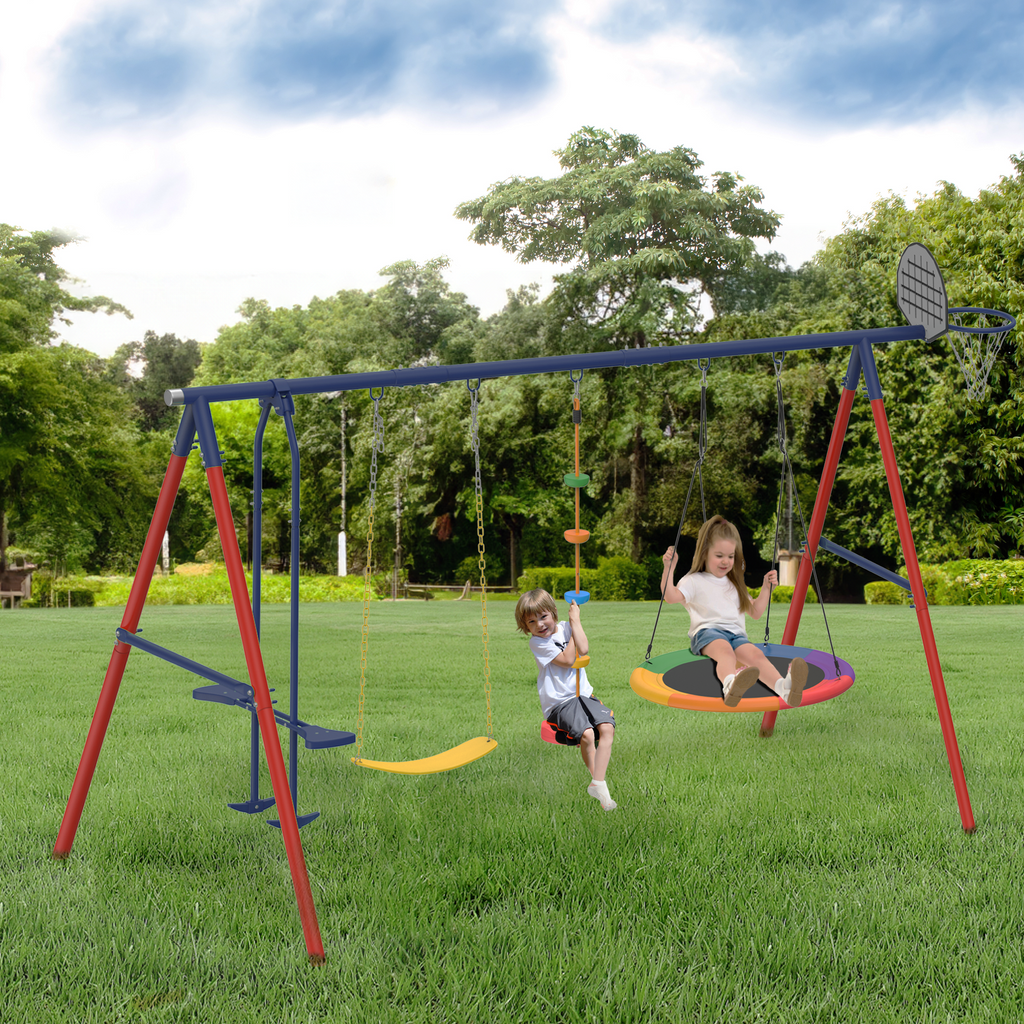 5 in 1 Lifetime Swing Set for Backyard. Heavy Duty Kids Playground with Saucer Swing. Belt Swing. Seesaw. Basketball Hoop &  Rope Swing. Outdoor Playset Holds Up to 440 lbs