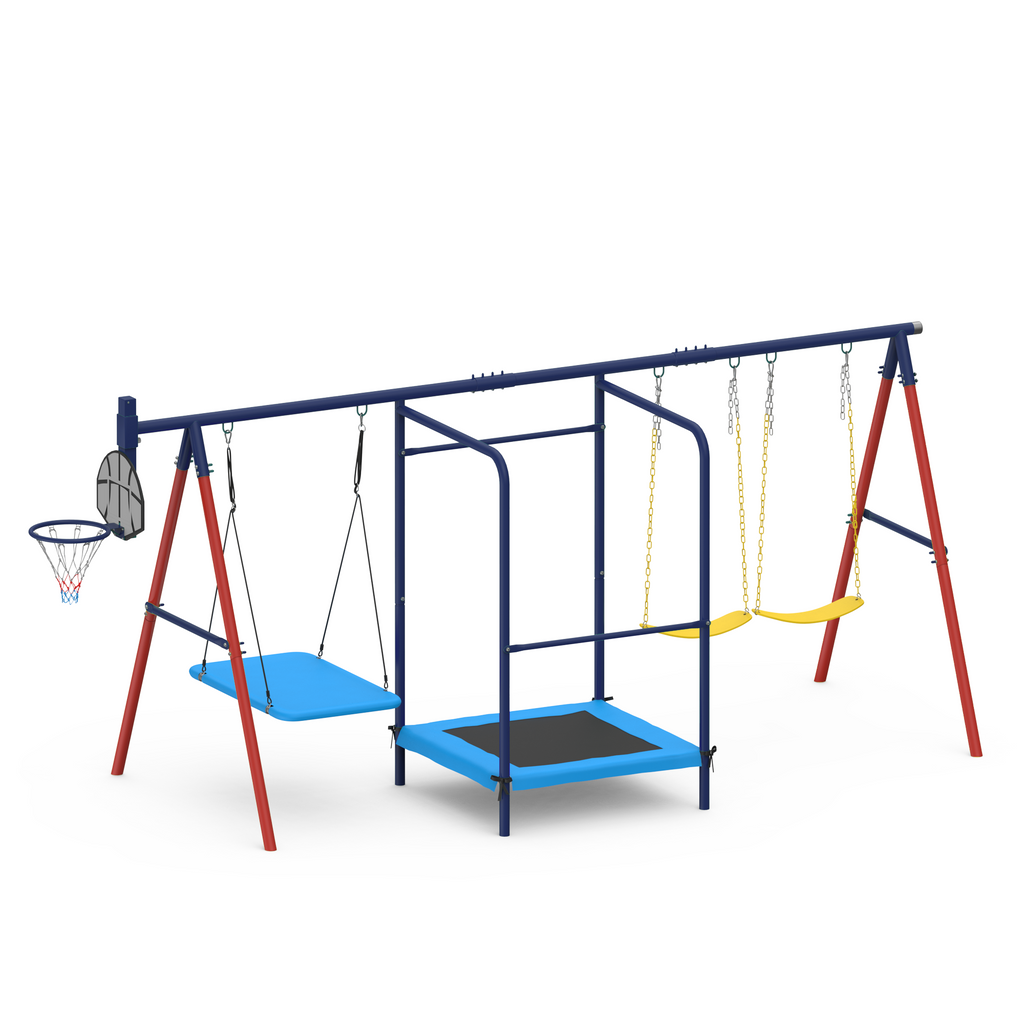 5 in 1 Lifetime Swing Set for Backyard. Heavy Duty Metal Kids Playground with Trampoline. Saucer Swing. Belt Swings & Basketball Hoop. Outdoor Playset Holds Up to 440 lbs