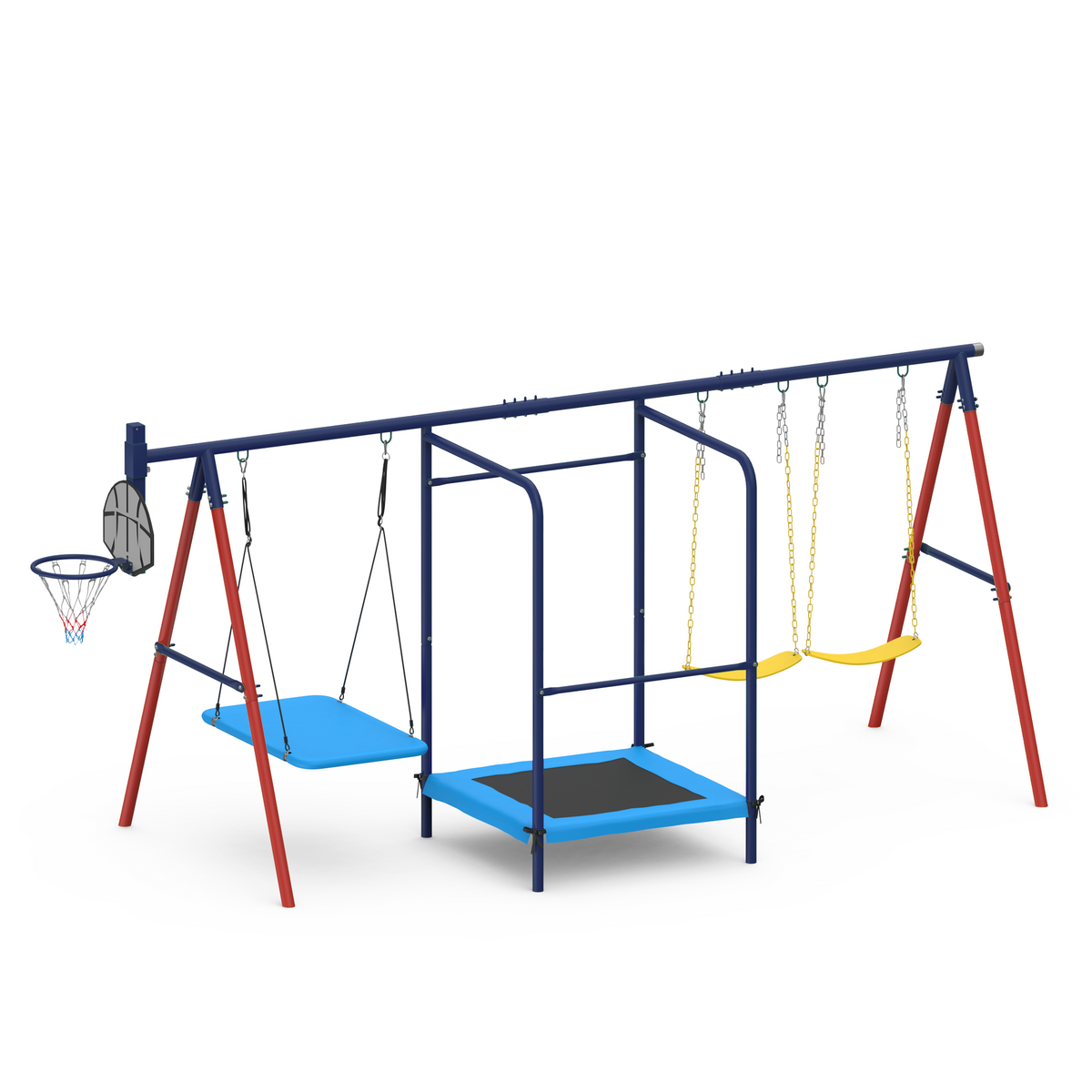 5 in 1 Lifetime Swing Set for Backyard. Heavy Duty Metal Kids Playground with Trampoline. Saucer Swing. Belt Swings & Basketball Hoop. Outdoor Playset Holds Up to 440 lbs