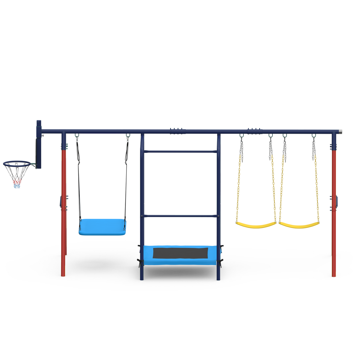 5 in 1 Lifetime Swing Set for Backyard. Heavy Duty Metal Kids Playground with Trampoline. Saucer Swing. Belt Swings & Basketball Hoop. Outdoor Playset Holds Up to 440 lbs