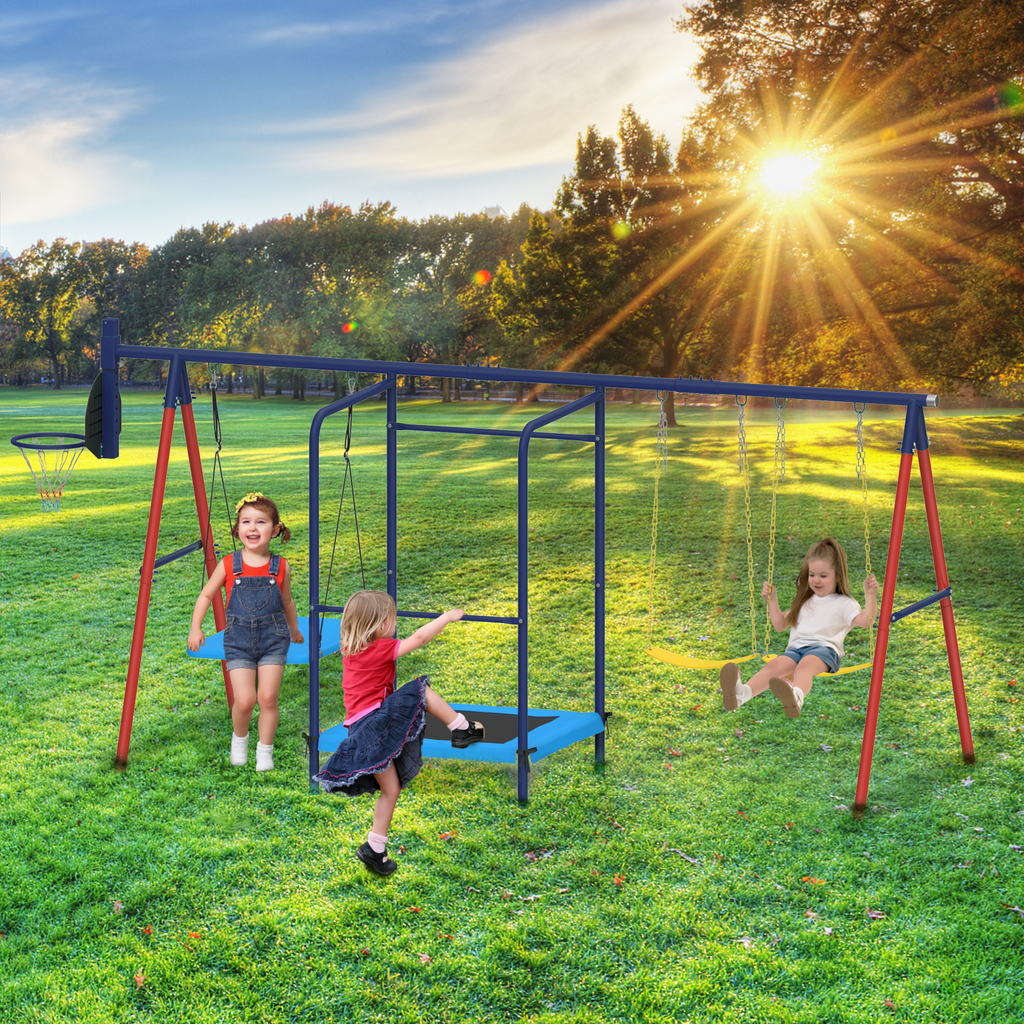 5 in 1 Lifetime Swing Set for Backyard. Heavy Duty Metal Kids Playground with Trampoline. Saucer Swing. Belt Swings & Basketball Hoop. Outdoor Playset Holds Up to 440 lbs