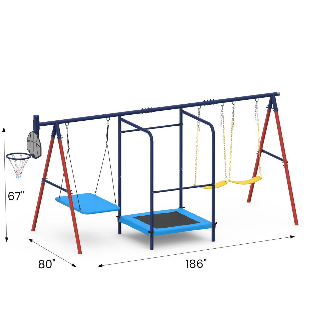 5 in 1 Lifetime Swing Set for Backyard. Heavy Duty Metal Kids Playground with Trampoline. Saucer Swing. Belt Swings & Basketball Hoop. Outdoor Playset Holds Up to 440 lbs