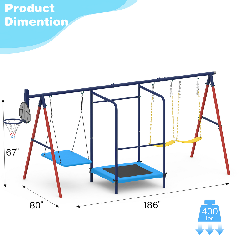 5 in 1 Lifetime Swing Set for Backyard. Heavy Duty Metal Kids Playground with Trampoline. Saucer Swing. Belt Swings & Basketball Hoop. Outdoor Playset Holds Up to 440 lbs