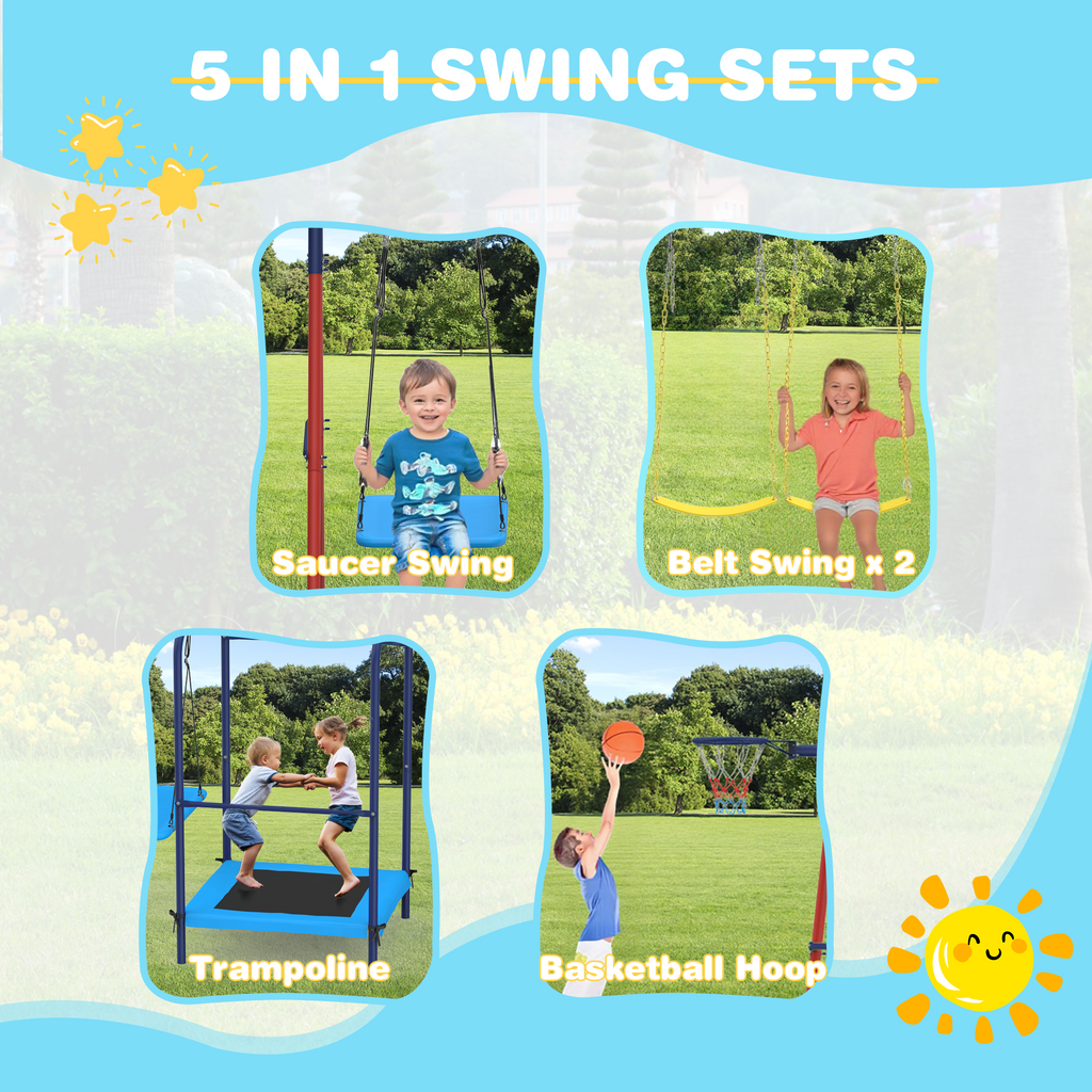 5 in 1 Lifetime Swing Set for Backyard. Heavy Duty Metal Kids Playground with Trampoline. Saucer Swing. Belt Swings & Basketball Hoop. Outdoor Playset Holds Up to 440 lbs