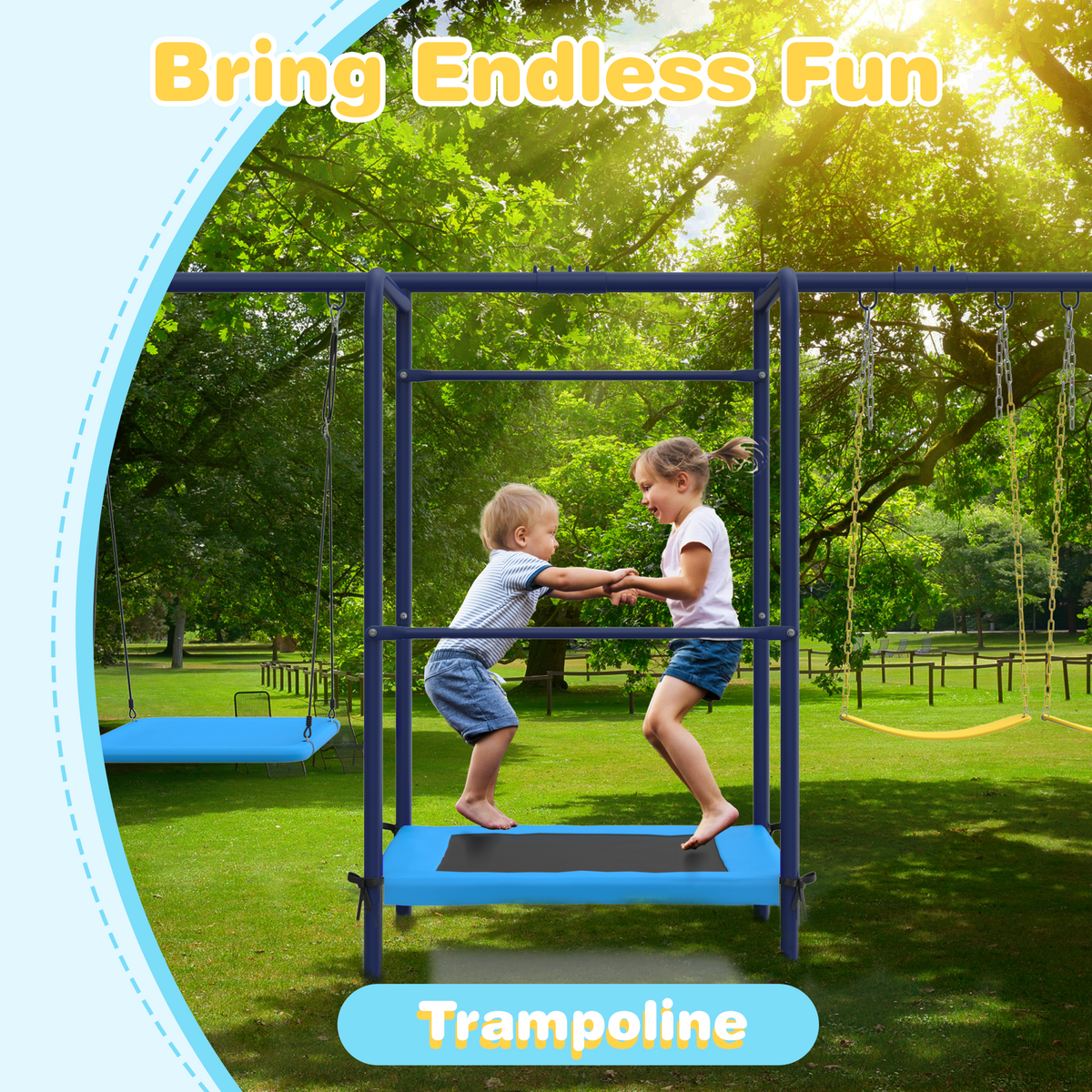 5 in 1 Lifetime Swing Set for Backyard. Heavy Duty Metal Kids Playground with Trampoline. Saucer Swing. Belt Swings & Basketball Hoop. Outdoor Playset Holds Up to 440 lbs
