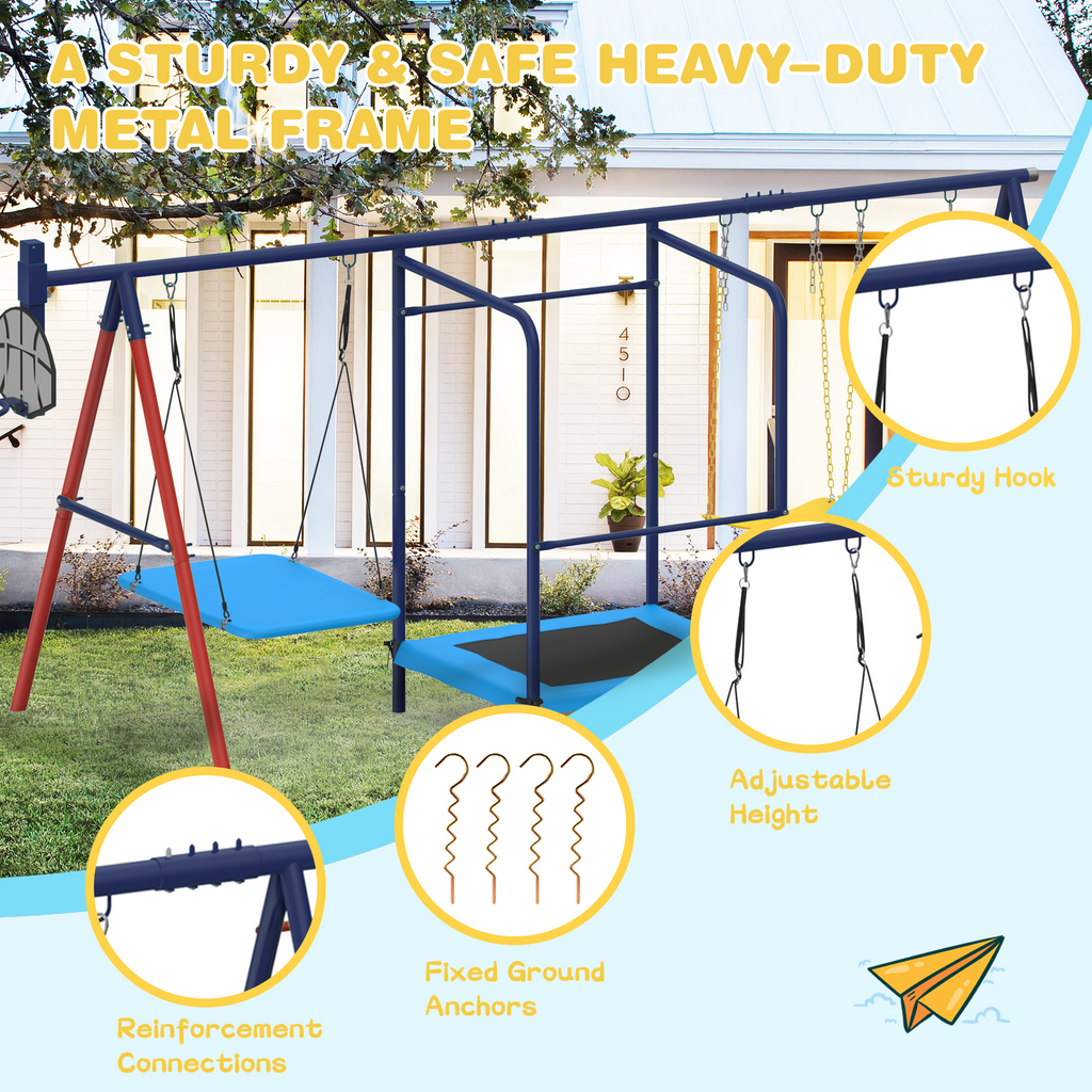 5 in 1 Lifetime Swing Set for Backyard. Heavy Duty Metal Kids Playground with Trampoline. Saucer Swing. Belt Swings & Basketball Hoop. Outdoor Playset Holds Up to 440 lbs