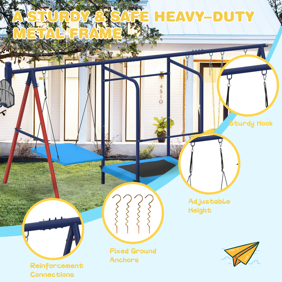 5 in 1 Lifetime Swing Set for Backyard. Heavy Duty Metal Kids Playground with Trampoline. Saucer Swing. Belt Swings & Basketball Hoop. Outdoor Playset Holds Up to 440 lbs