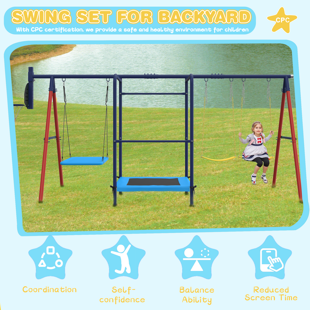 5 in 1 Lifetime Swing Set for Backyard. Heavy Duty Metal Kids Playground with Trampoline. Saucer Swing. Belt Swings & Basketball Hoop. Outdoor Playset Holds Up to 440 lbs