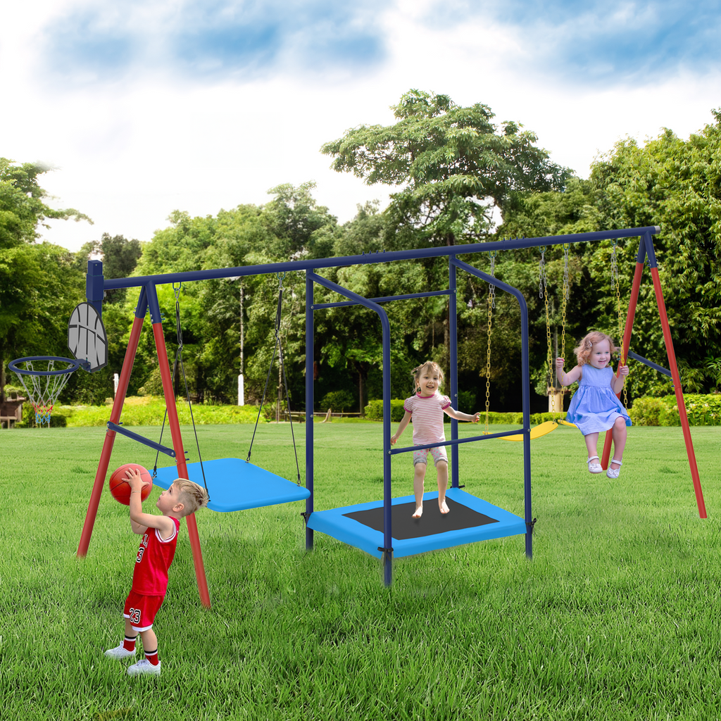 5 in 1 Lifetime Swing Set for Backyard. Heavy Duty Metal Kids Playground with Trampoline. Saucer Swing. Belt Swings & Basketball Hoop. Outdoor Playset Holds Up to 440 lbs