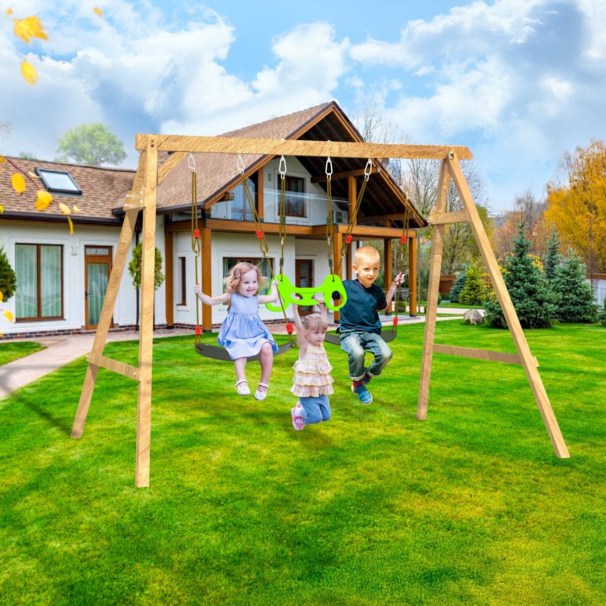 Wooden Swing Sets for Backyard with 2 Belt Swings and Trapeze Bar. Outdoor Playset for Kids. Backyard Discovery Wooden Swing Set