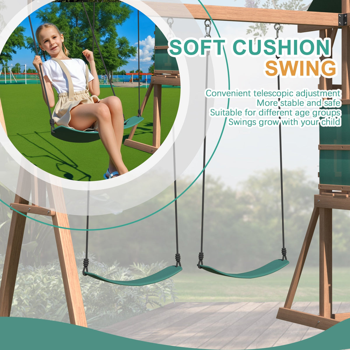 Swing Sets for Backyard. 4-in-1 Outdoor Swing Set with Slide. Climbing Rock Wall. and Soft Cushion Swings for Backyard Playground