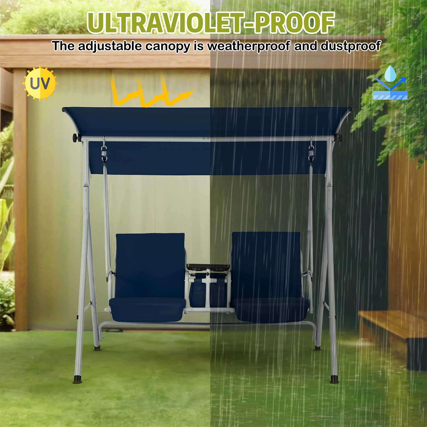 2 Seat Outdoor Porch Swing with Adjustable Canopy. Navy Blue