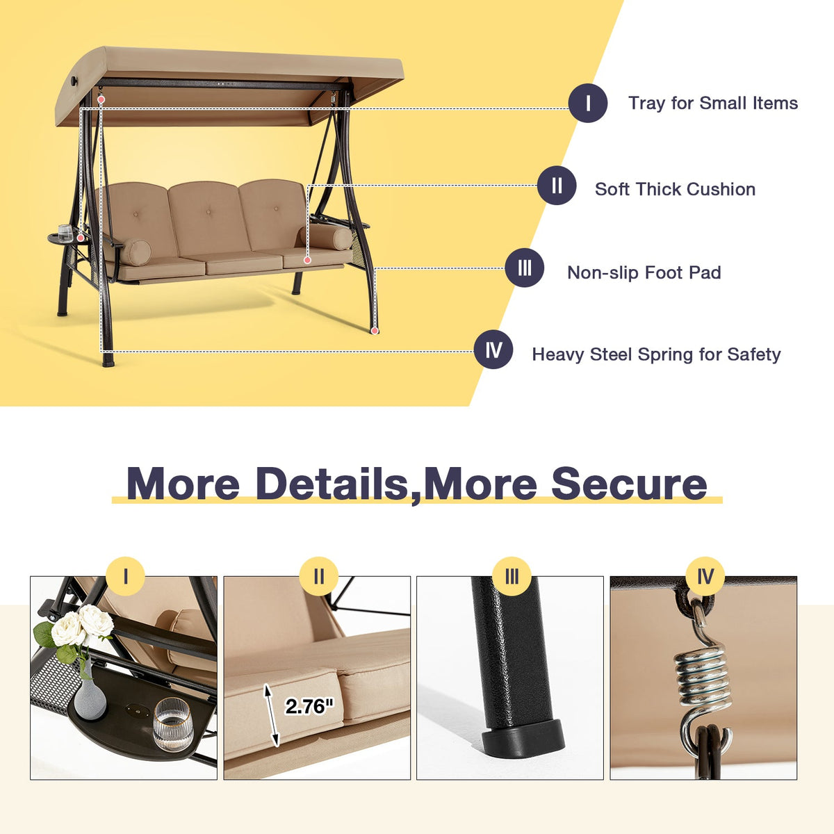 3-Seat Outdoor Porch Swing with Adjustable Canopy and Backrest. Brown