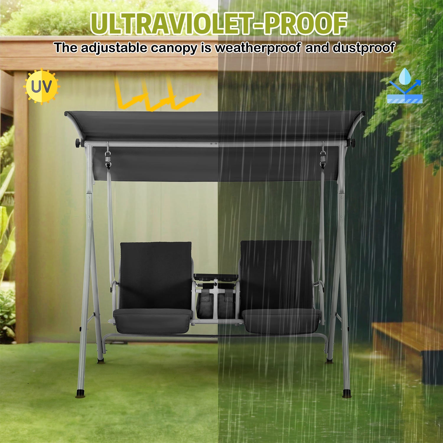 2 Seat Outdoor Porch Swing with Adjustable Canopy and Cup Holders. Black