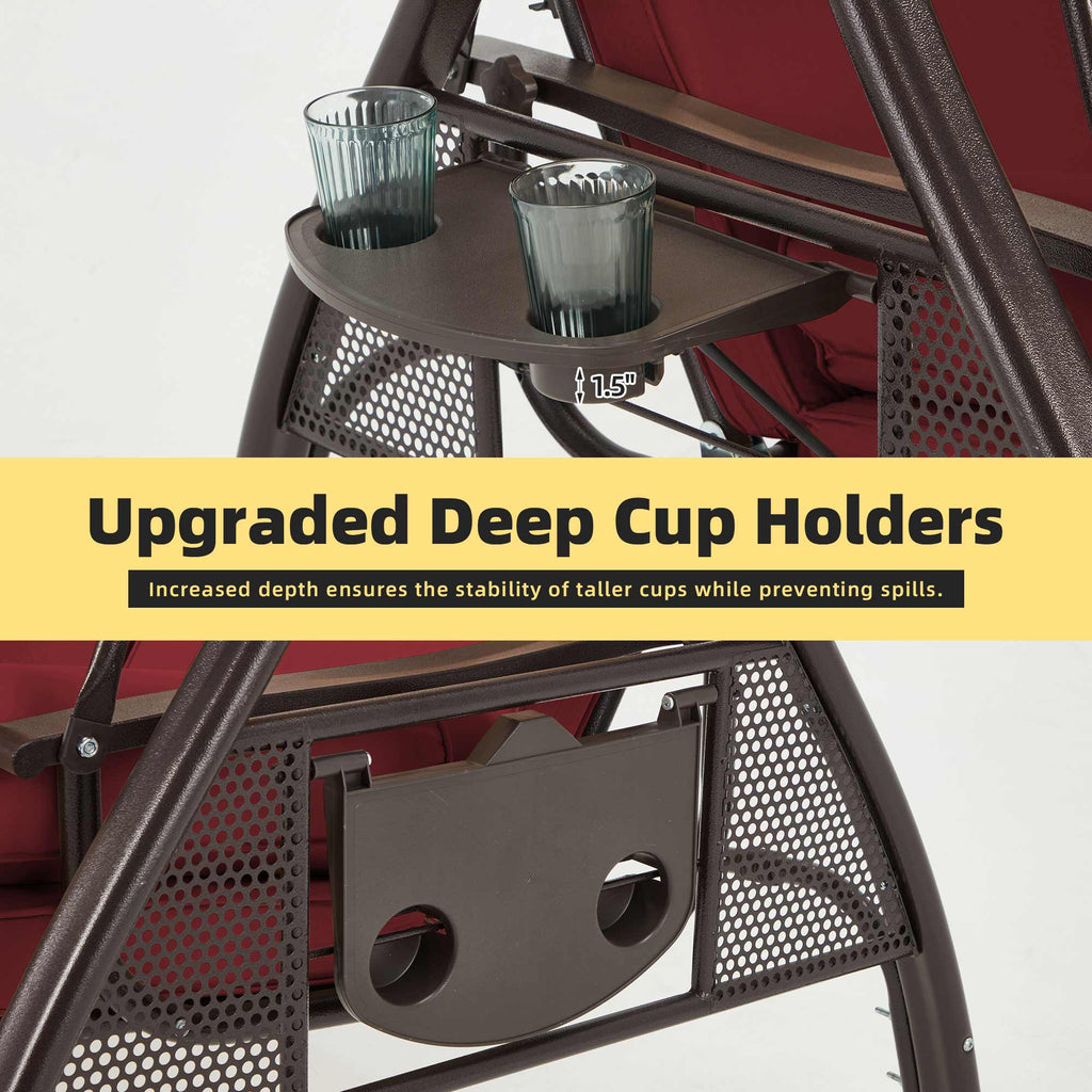 3-Seat Outdoor Porch Swing with Adjustable Canopy Backrest and 2 Side Trays. Wine Red
