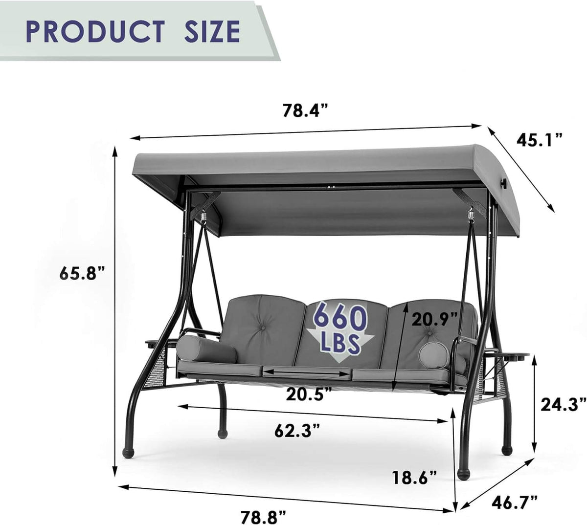 3-Seat Outdoor Porch Swing with Adjustable Canopy and Backrest. Gray