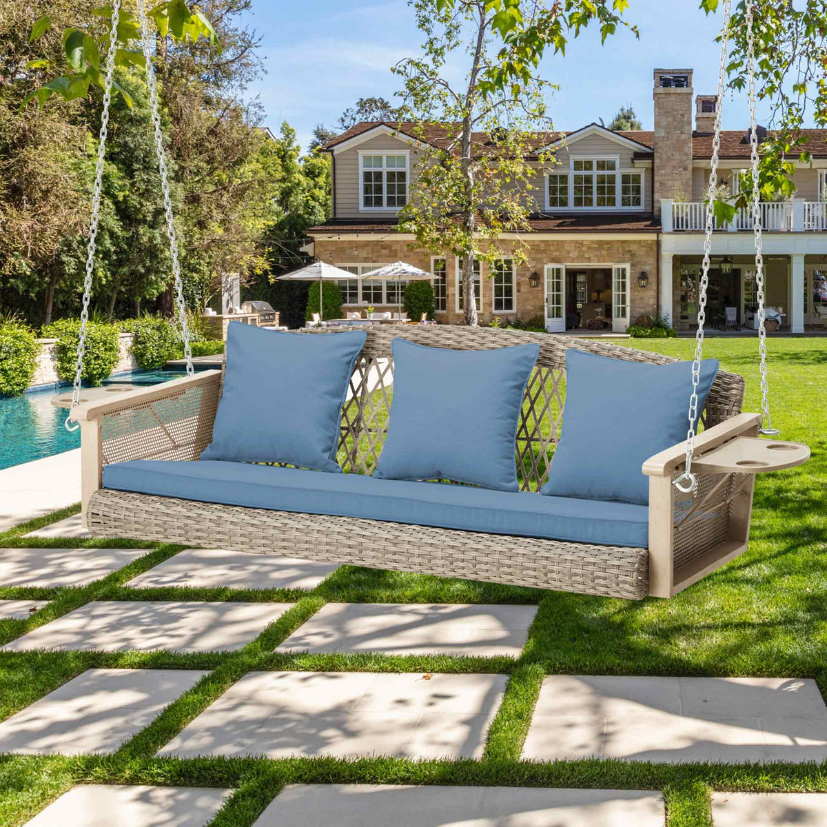 3-Seater Outdoor Porch Swing with Cup Holders. Blue