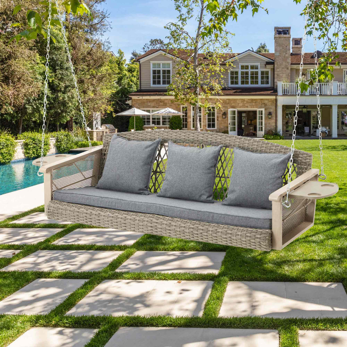3-Seater Patio Swing Bed with Cup Holders and Cushions . Gray