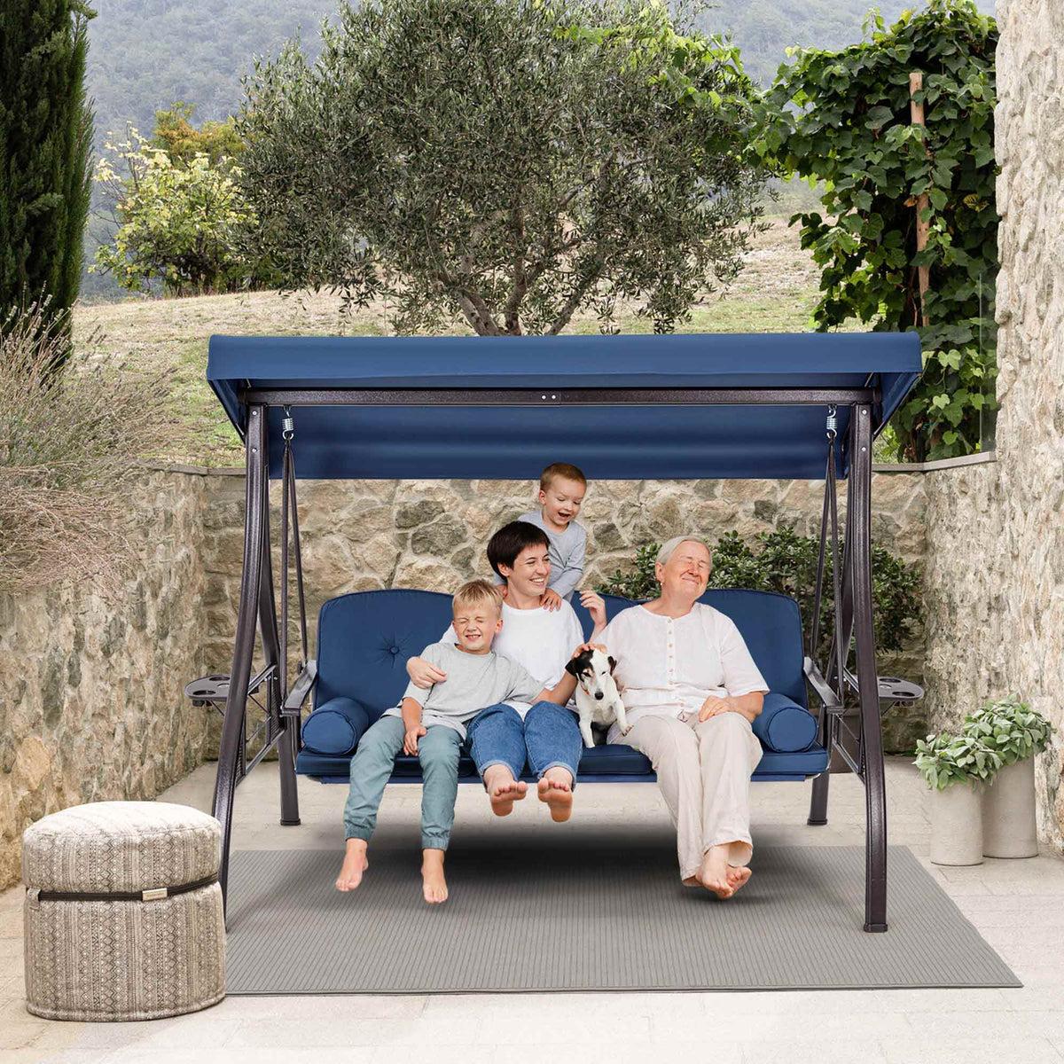 3-Seat Outdoor Porch Swing with Cup Holders. Adjustable Canopy and Backrest for Patio Garden Deck. Blue