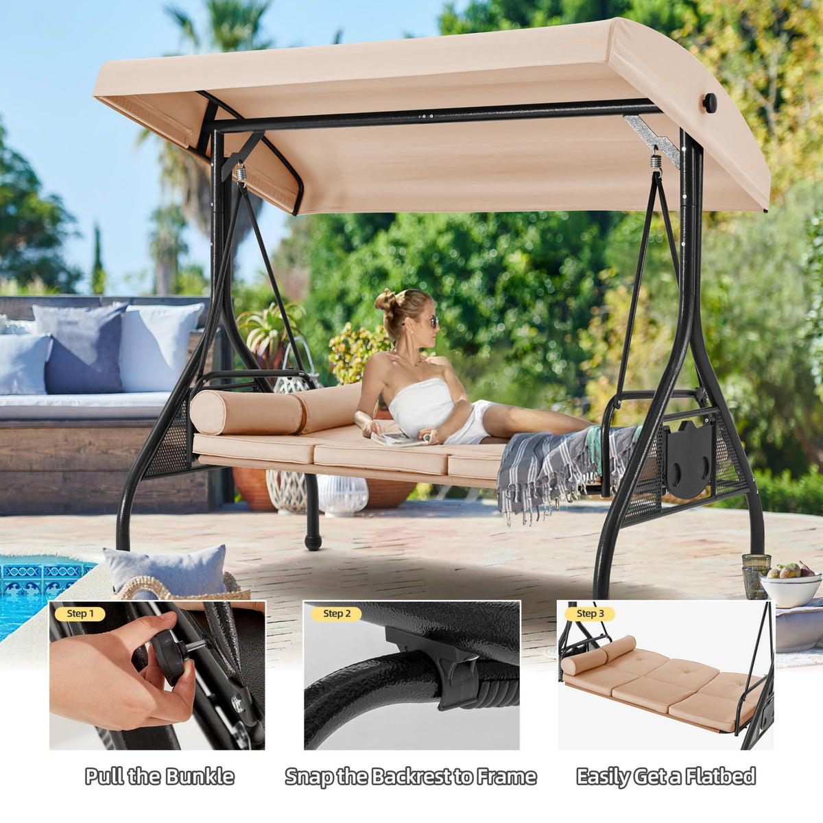 3-Seat Outdoor Swing for a Porch with Adjustable Canopy. Backrest and 2 Side Trays. Khaki