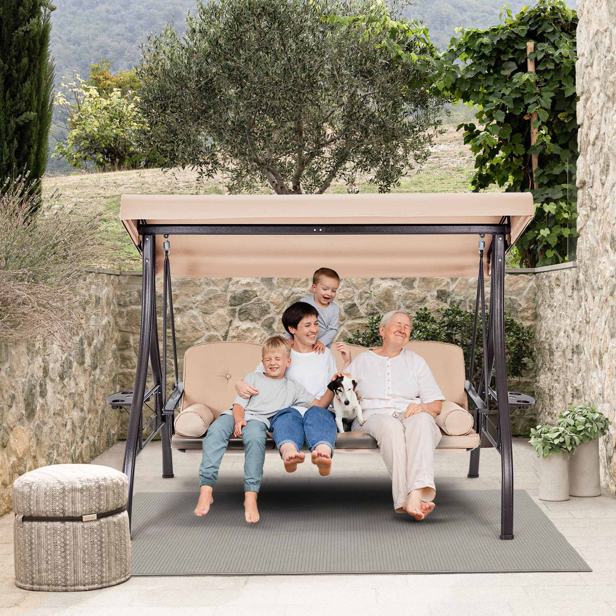 3-Seat Outdoor Porch Swing with Adjustable Canopy and Backrest. Khaki