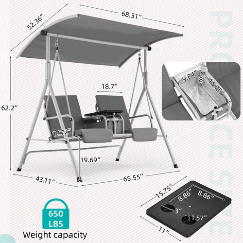 2 Seat Outdoor Porch Swing with Adjustable Canopy. Gray