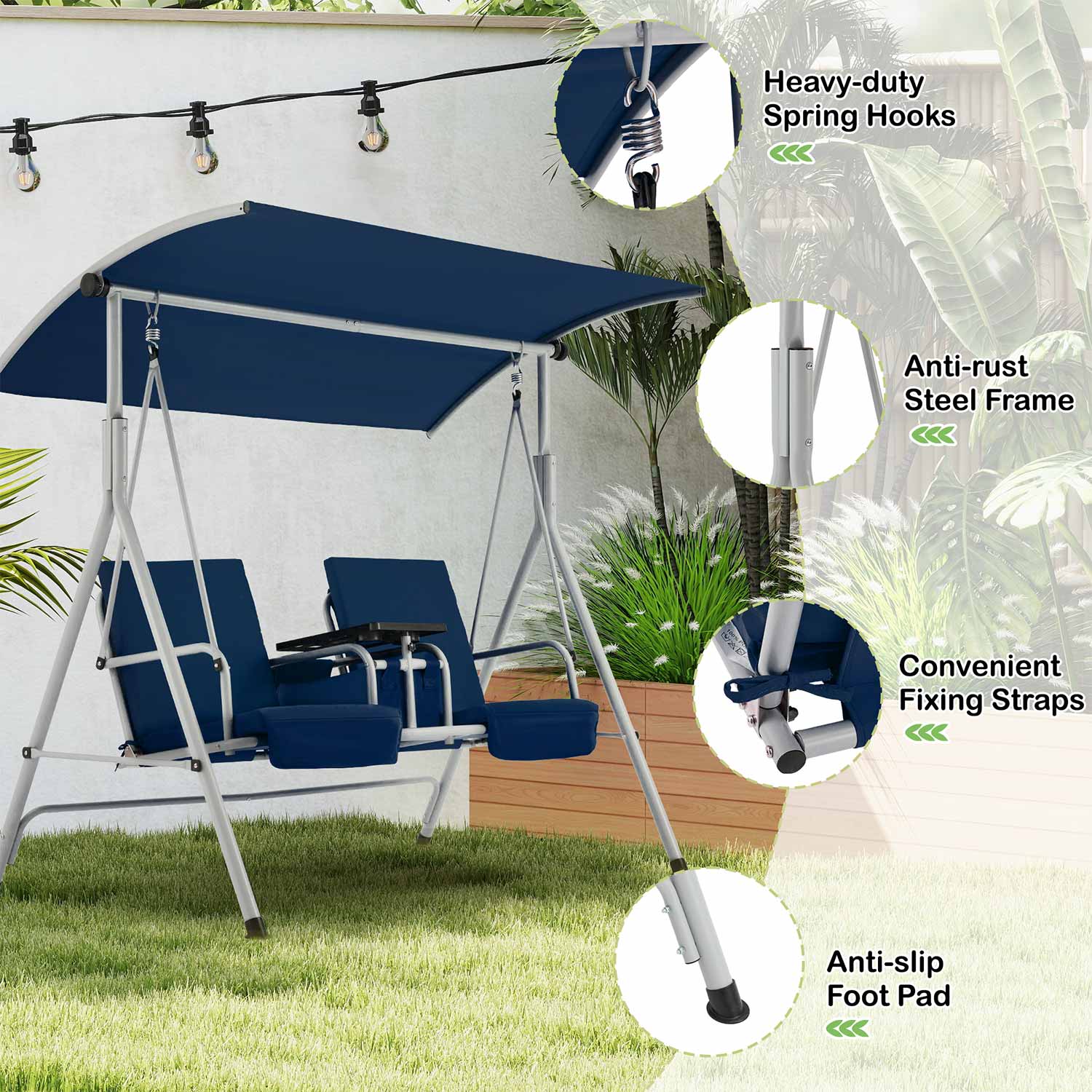 2 Seat Outdoor Porch Swing with Adjustable Canopy. Navy Blue