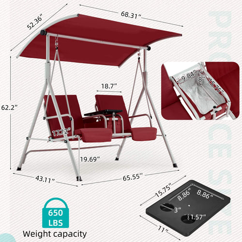 2 Seat Outdoor Porch Swing with Adjustable Canopy. Wine Red