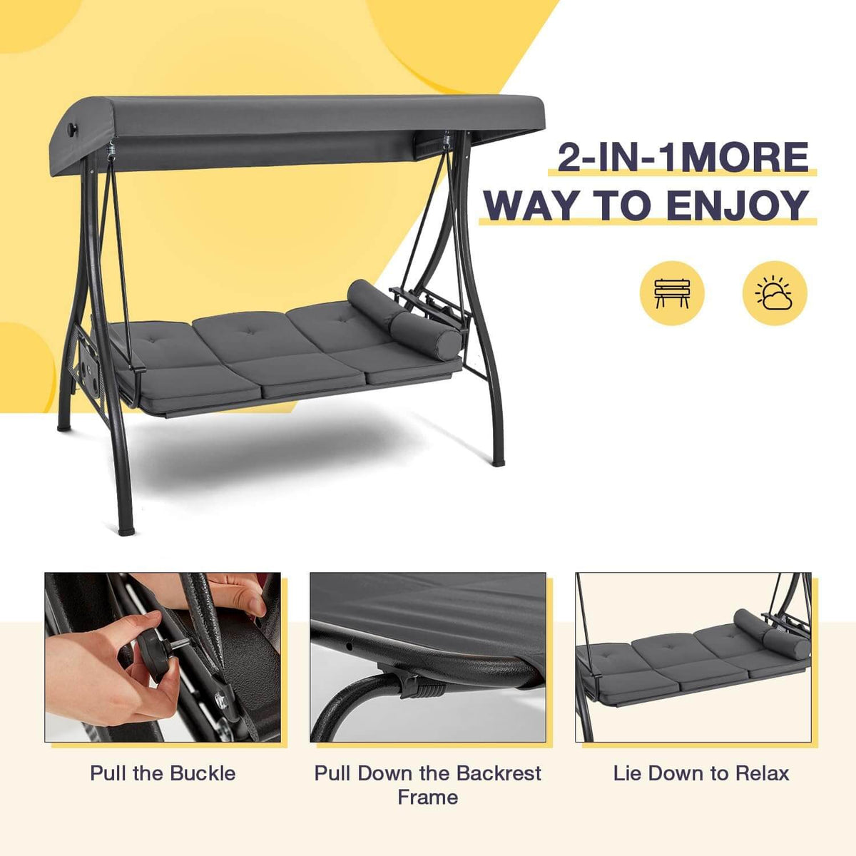 3-Seat Outdoor Porch Swing with Adjustable Canopy and Backrest. Gray