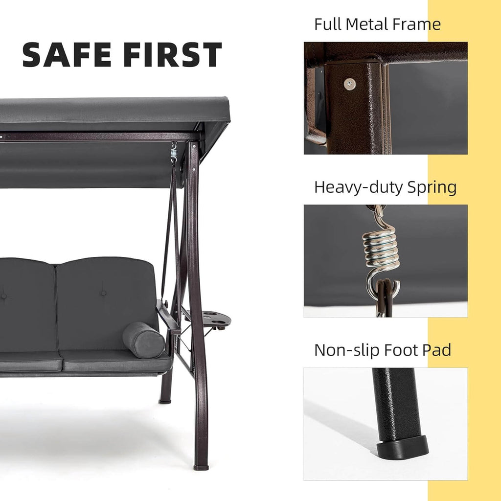3-Seat Outdoor Porch Swing with Adjustable Canopy and Backrest. Gray