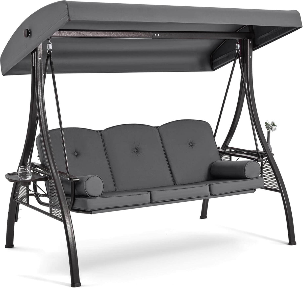 3-Seat Outdoor Porch Swing with Adjustable Canopy and Backrest. Gray
