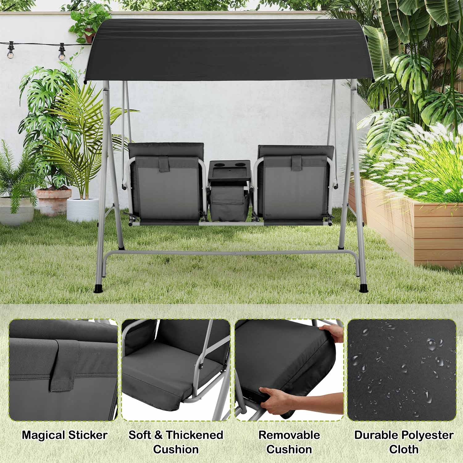 2 Seat Outdoor Porch Swing with Adjustable Canopy and Cup Holders. Black