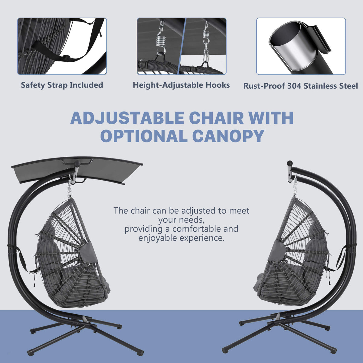 Double Hanging Egg Chair with Stand. Wicker Loveseat Swing with Extra Cushion. Gray