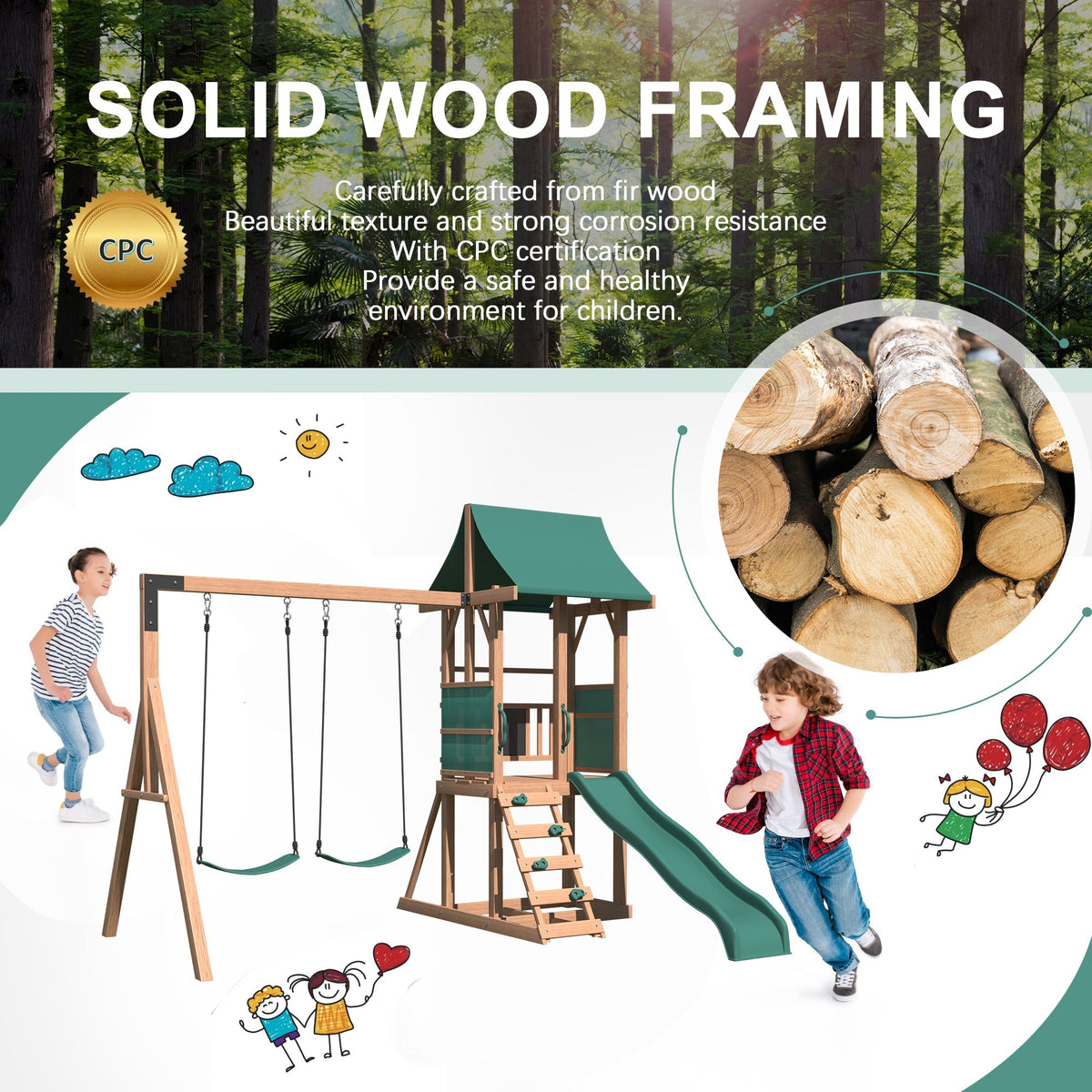 Swing Sets for Backyard. 4-in-1 Outdoor Swing Set with Slide. Climbing Rock Wall. and Soft Cushion Swings for Backyard Playground