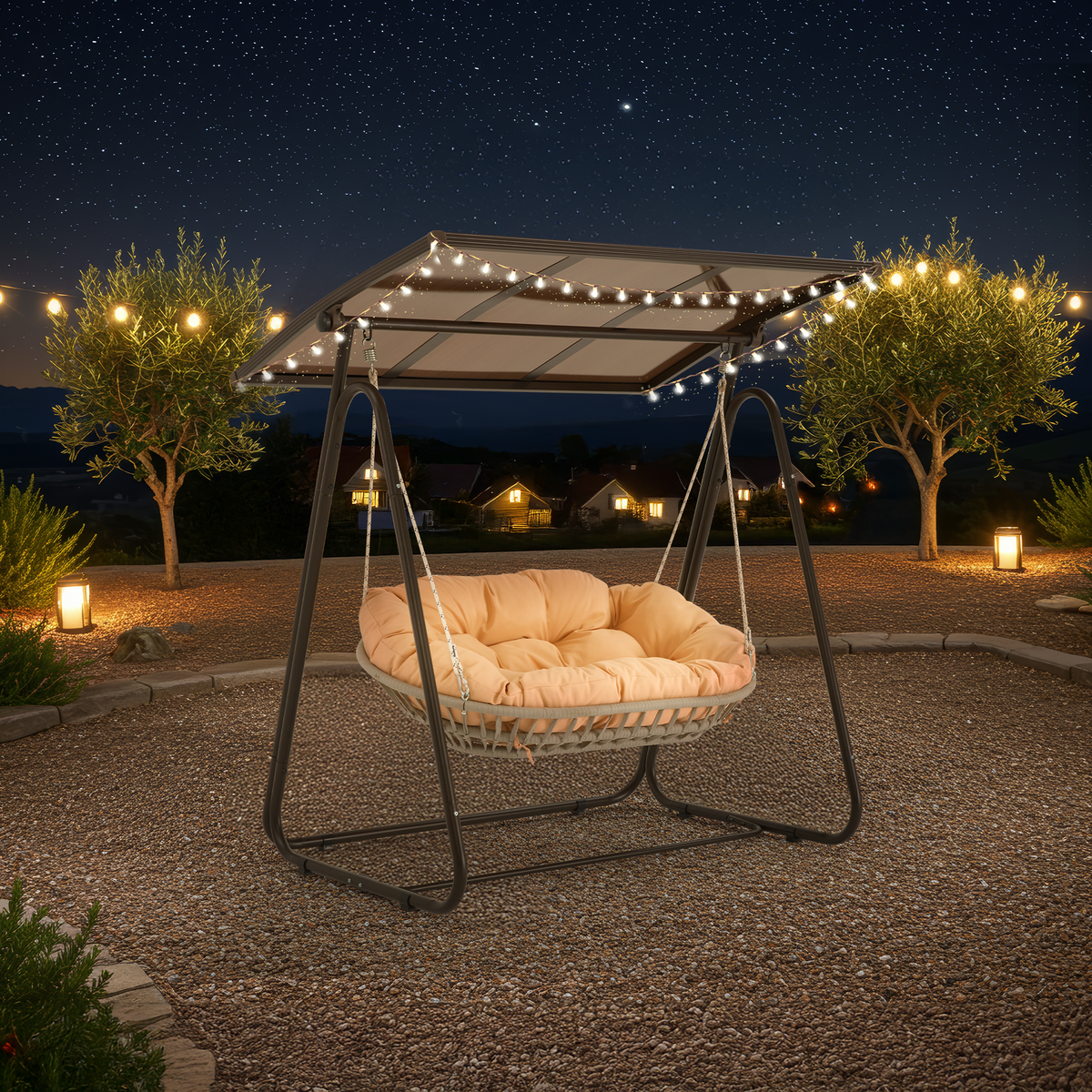 2-Seat Patio Swing Chair with Adjustable Canopy. Beige