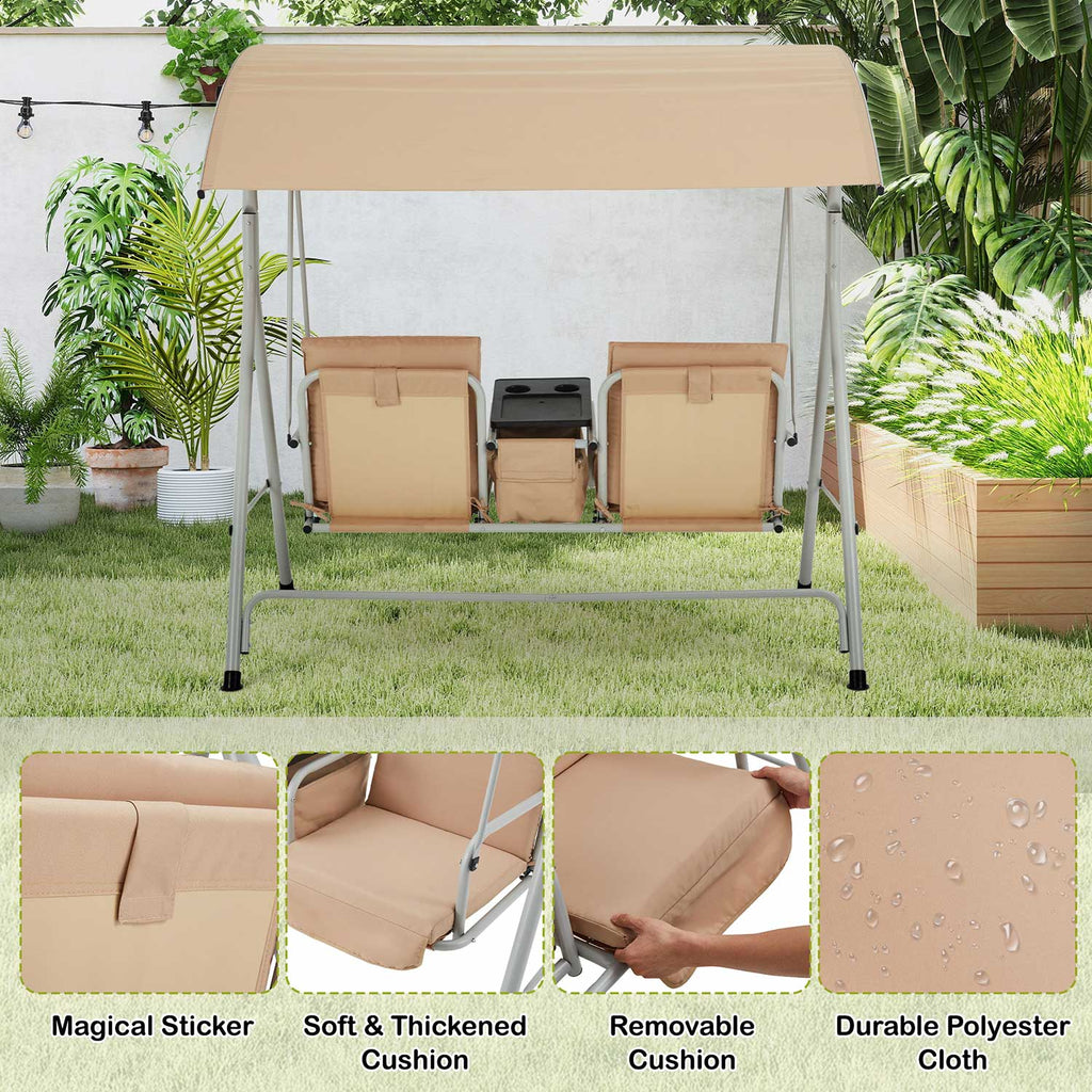 2 Seat Outdoor Porch Swing with Adjustable Canopy. Beige