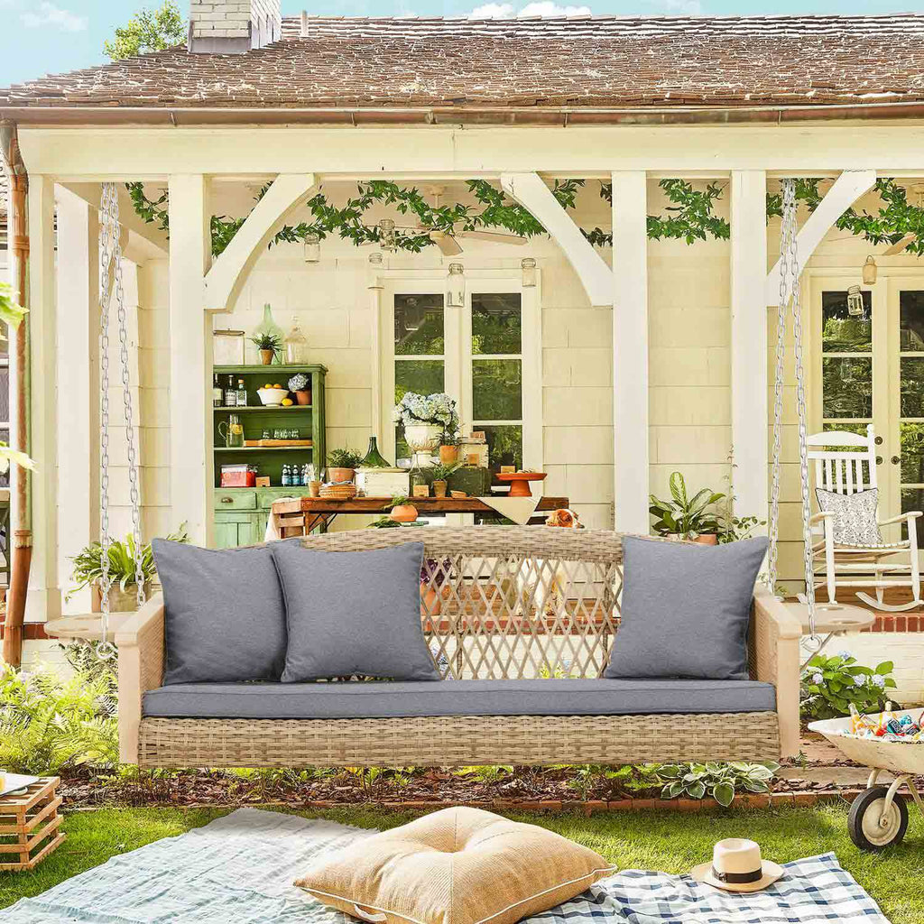 3-Seater Patio Swing Bed with Cup Holders and Cushions . Gray