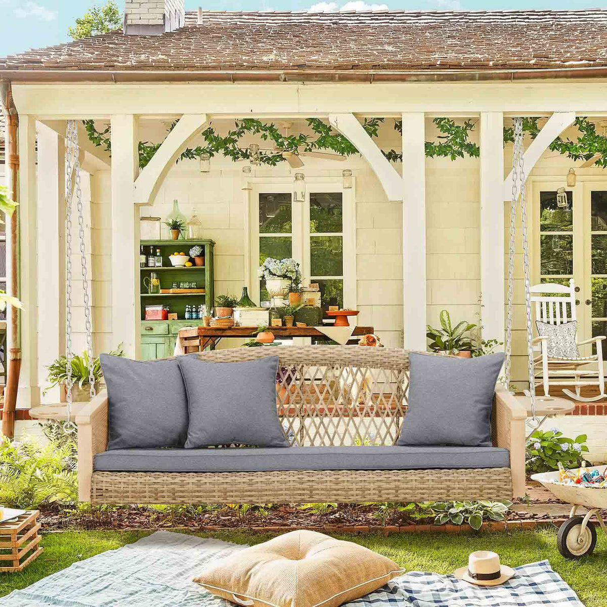 3-Seater Patio Swing Bed with Cup Holders and Cushions . Gray
