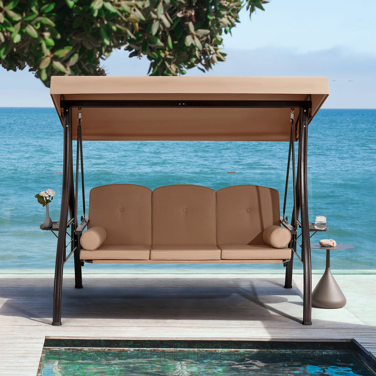 3-Seat Outdoor Porch Swing with Adjustable Canopy and Backrest. Brown