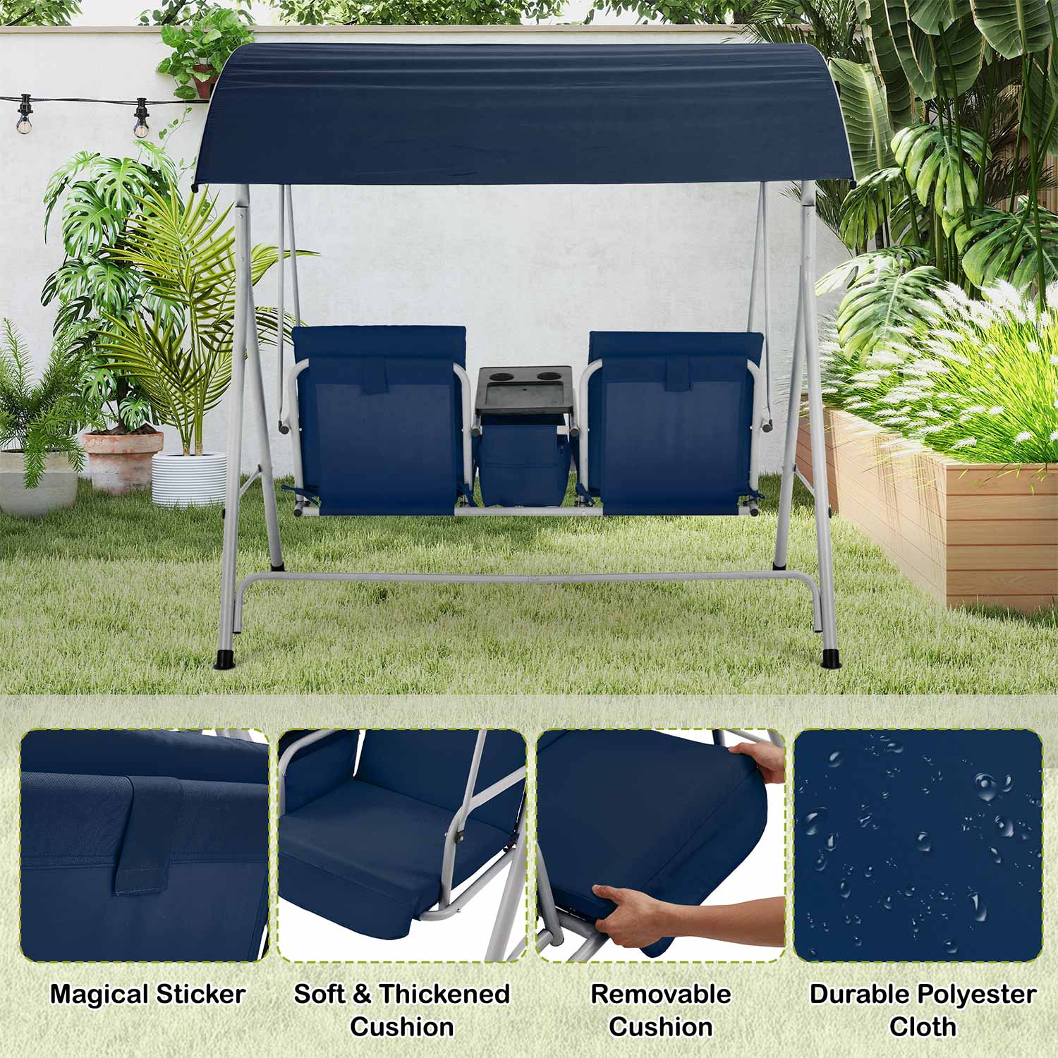 2 Seat Outdoor Porch Swing with Adjustable Canopy. Navy Blue