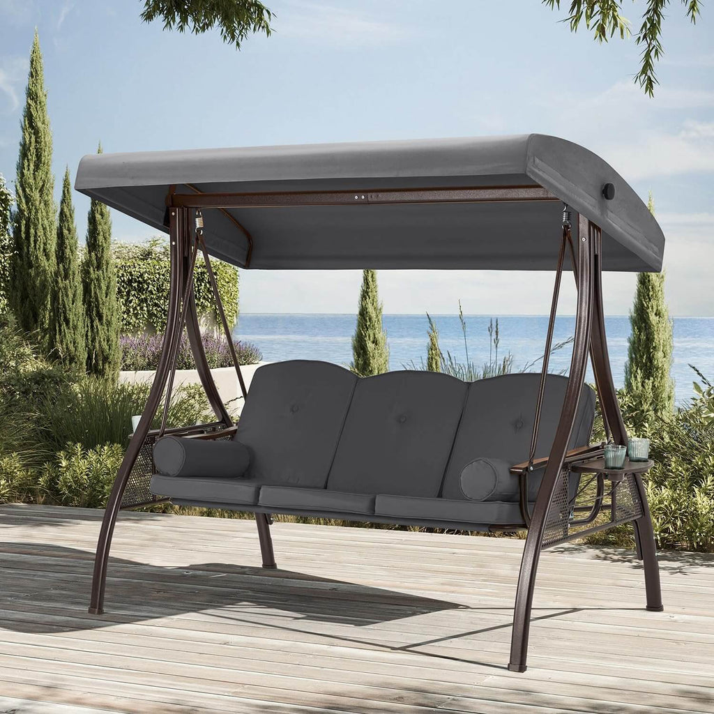 3-Seat Outdoor Porch Swing with Adjustable Canopy and Backrest. Gray