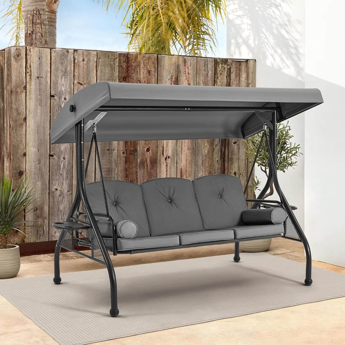 3-Seat Outdoor Porch Swing with Adjustable Canopy and Backrest. Gray
