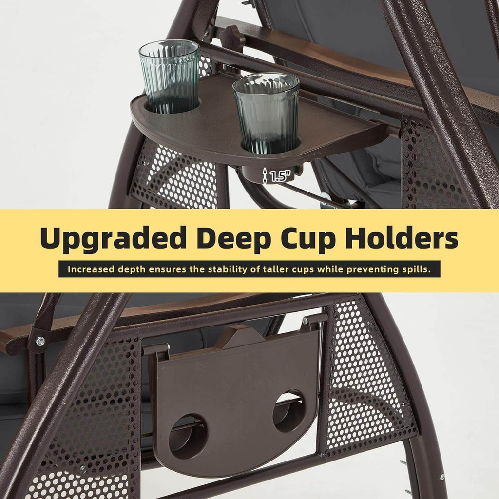 3-Seat Outdoor Porch Swing with Adjustable Canopy and Backrest. Gray